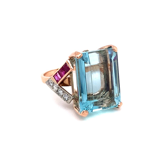 1940s 14K Rose Gold Aquamarine, Ruby and Diamond Ring