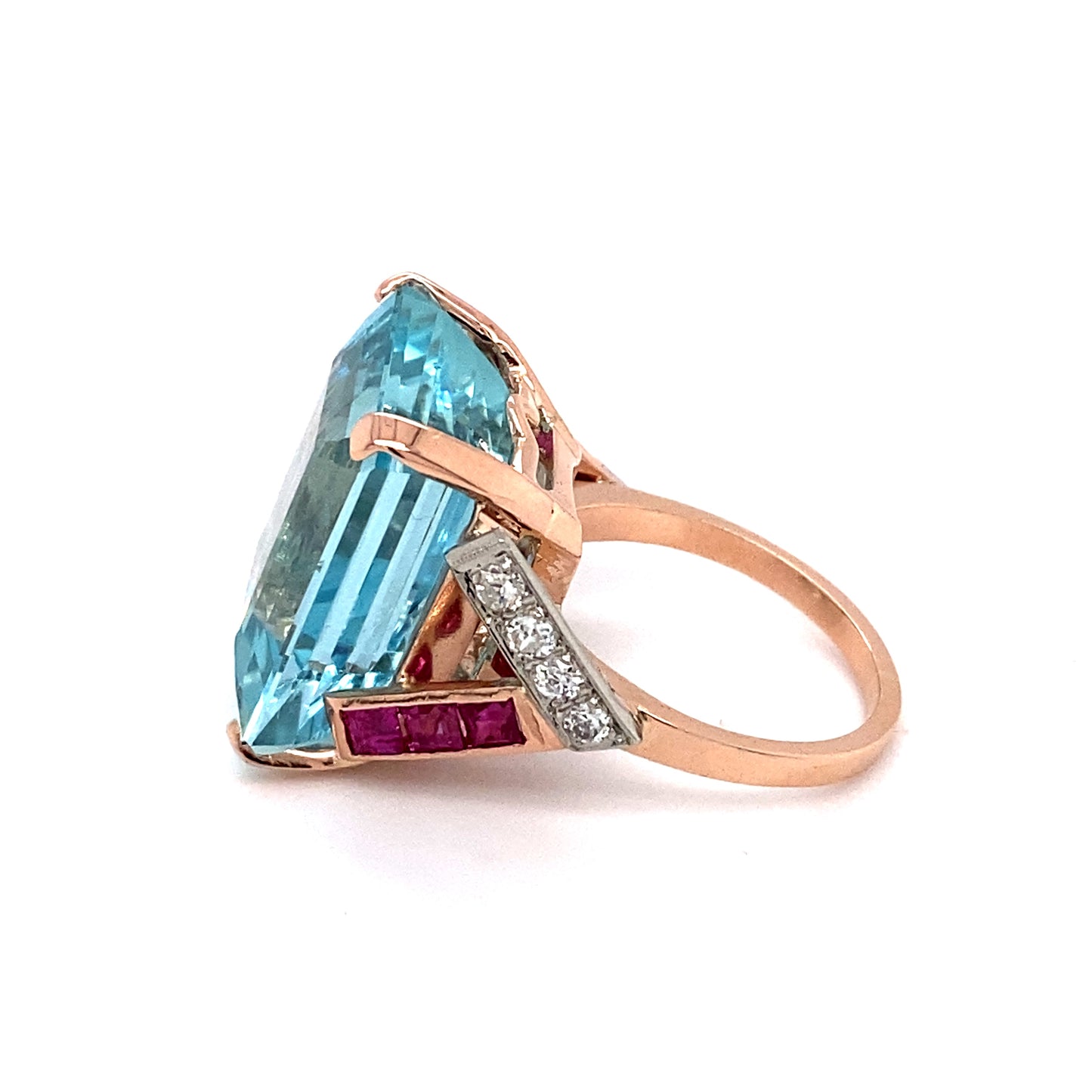1940s 14K Rose Gold Aquamarine, Ruby and Diamond Ring