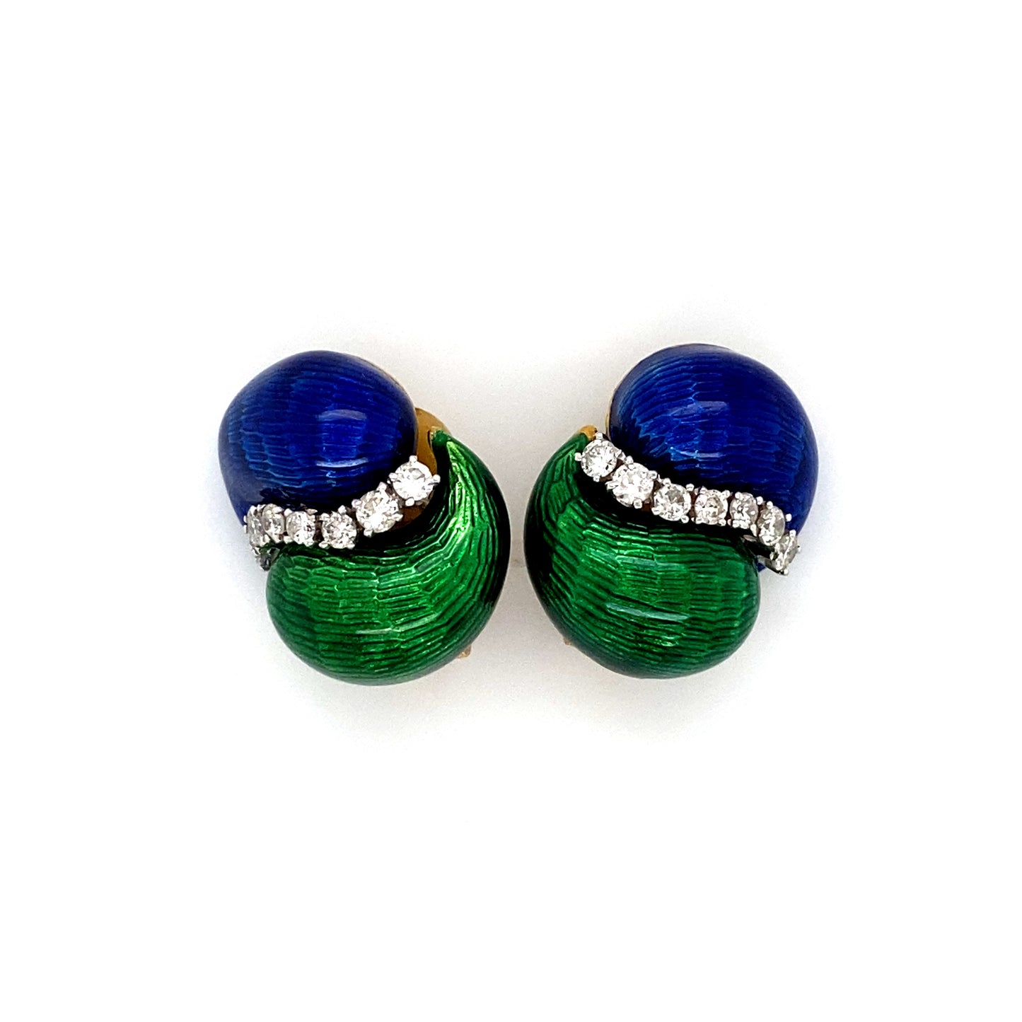 Blue and Green Enamel and Diamond French Clip Earrings