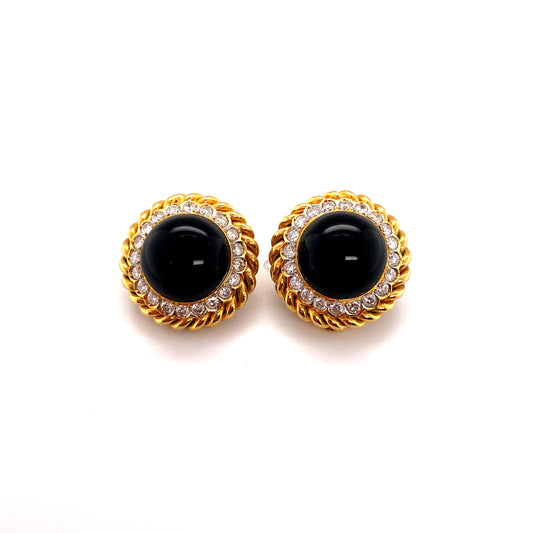 Retro Onyx and Diamond Clip Earrings in 18K Gold