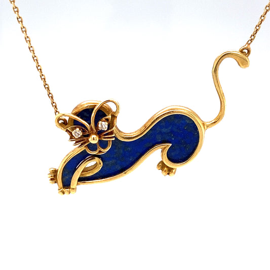 1950s French Lapis Lazuli and Diamond Pussycat Pendant in 18K Gold