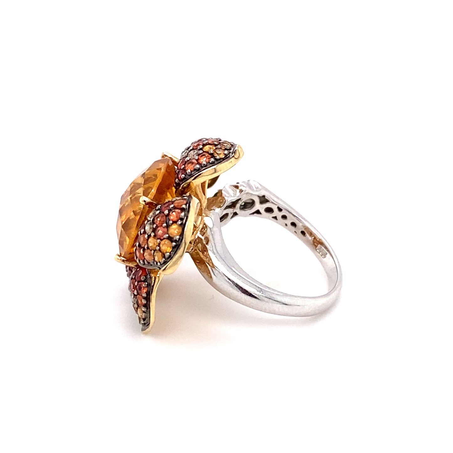 Vintage Multicolored Garnet, Citrine, and Diamond Flower Ring in 14K White Gold