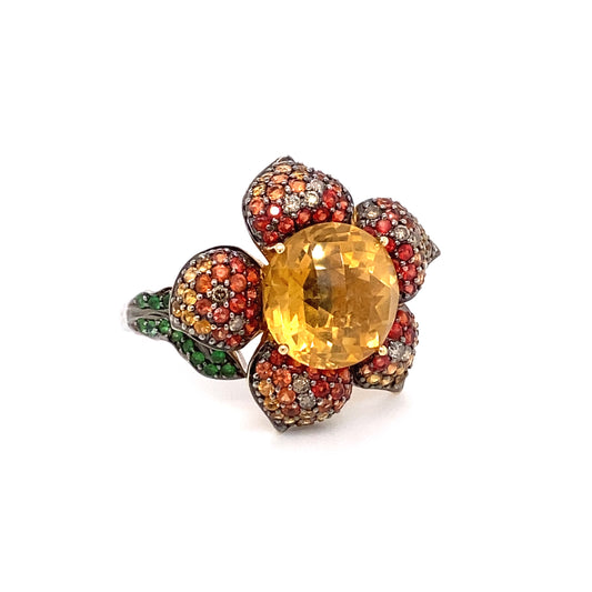 Vintage Multicolored Garnet, Citrine, and Diamond Flower Ring in 14K White Gold