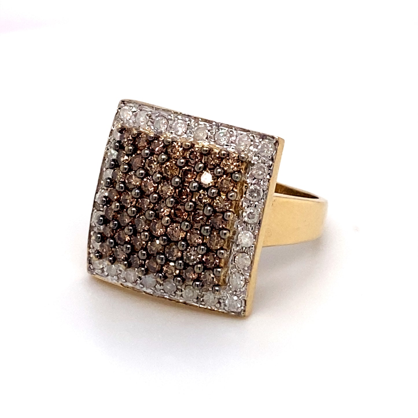 Vintage White and Brown Diamond Square Ring in 10K Gold