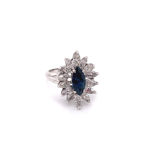 1950s Vintage Marquise Sapphire and Diamond Ring in 18K White Gold