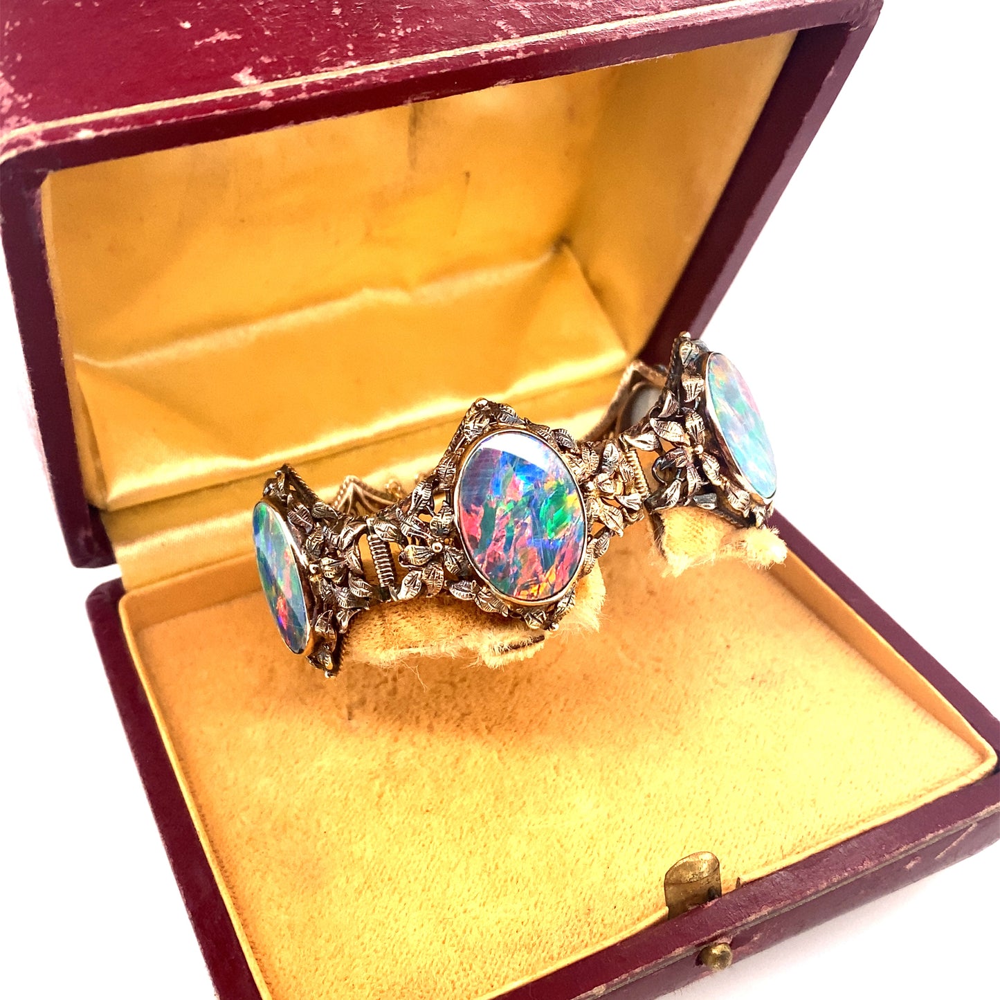 1920s Antique Art Deco Opal Filigree Bracelet in Tricolor Gold With Original Box