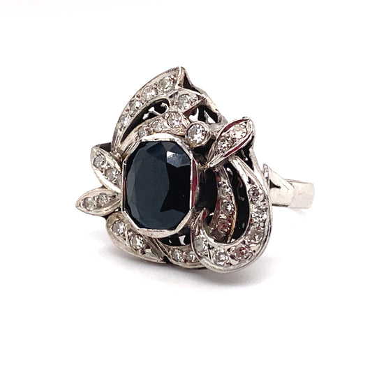 Vintage 1940s 3.0 Carat Sapphire and Diamond Cocktail Ring in 14K White Gold