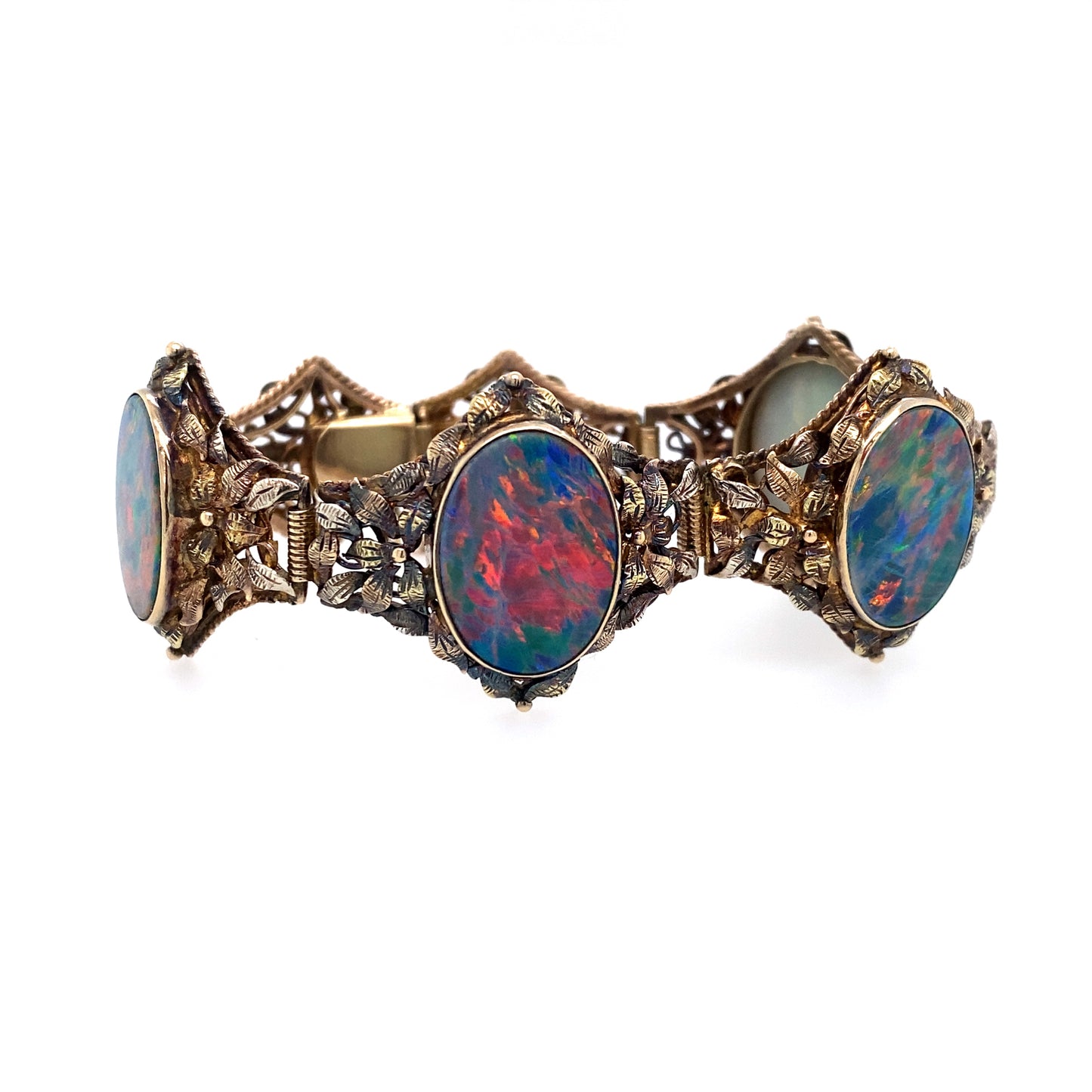 1920s Antique Art Deco Opal Filigree Bracelet in Tricolor Gold With Original Box