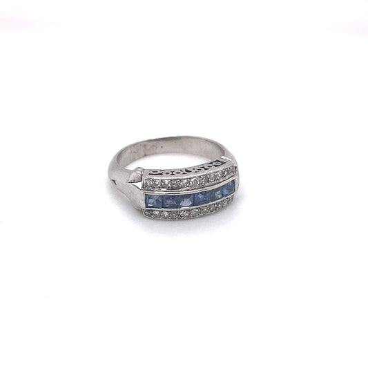 1920s Antique Three Row Diamond and Square Sapphire Ring in Palladium
