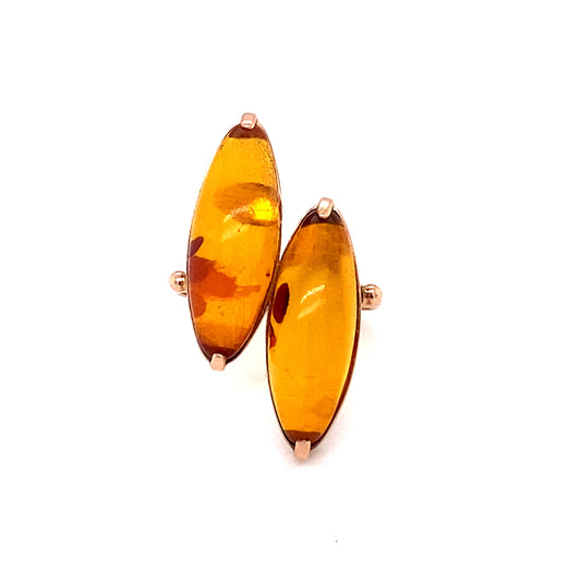 Vintage 1980s Orange Amber Bridge Ring in 14K Rose Gold