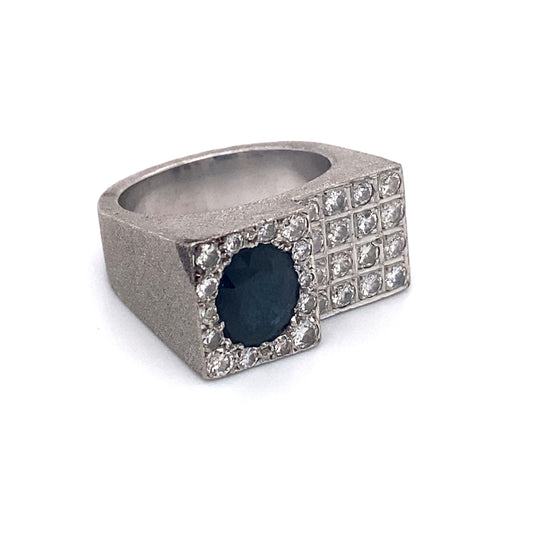 1940s Retro 3.0ct Sapphire and Diamond Square Ring in Platinum and Palladium
