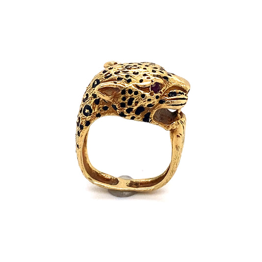 Vintage French 18K Gold Leopard Ring with Ruby Eyes
