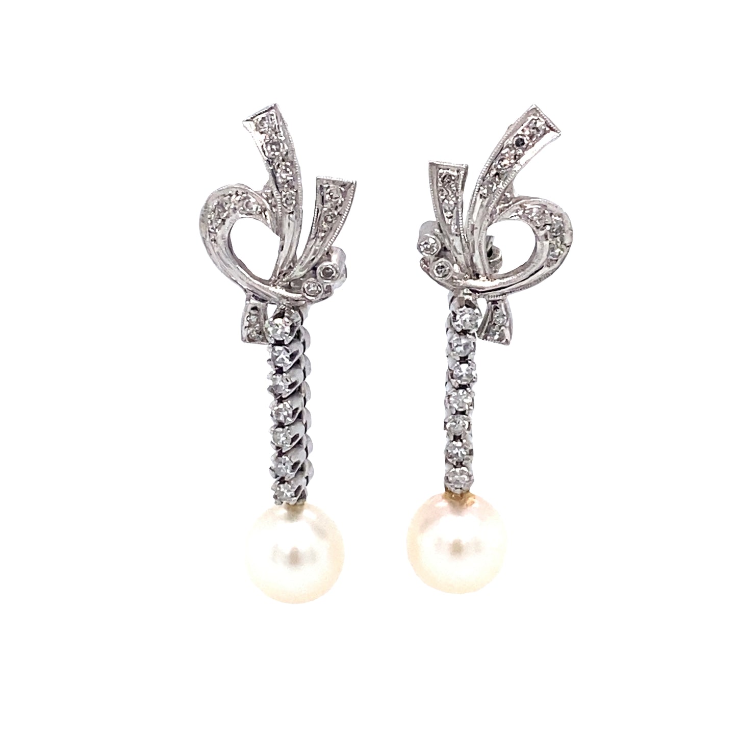 Vintage 1960s Pearl Drop Earrings with Diamonds in 14K White Gold and Platinum