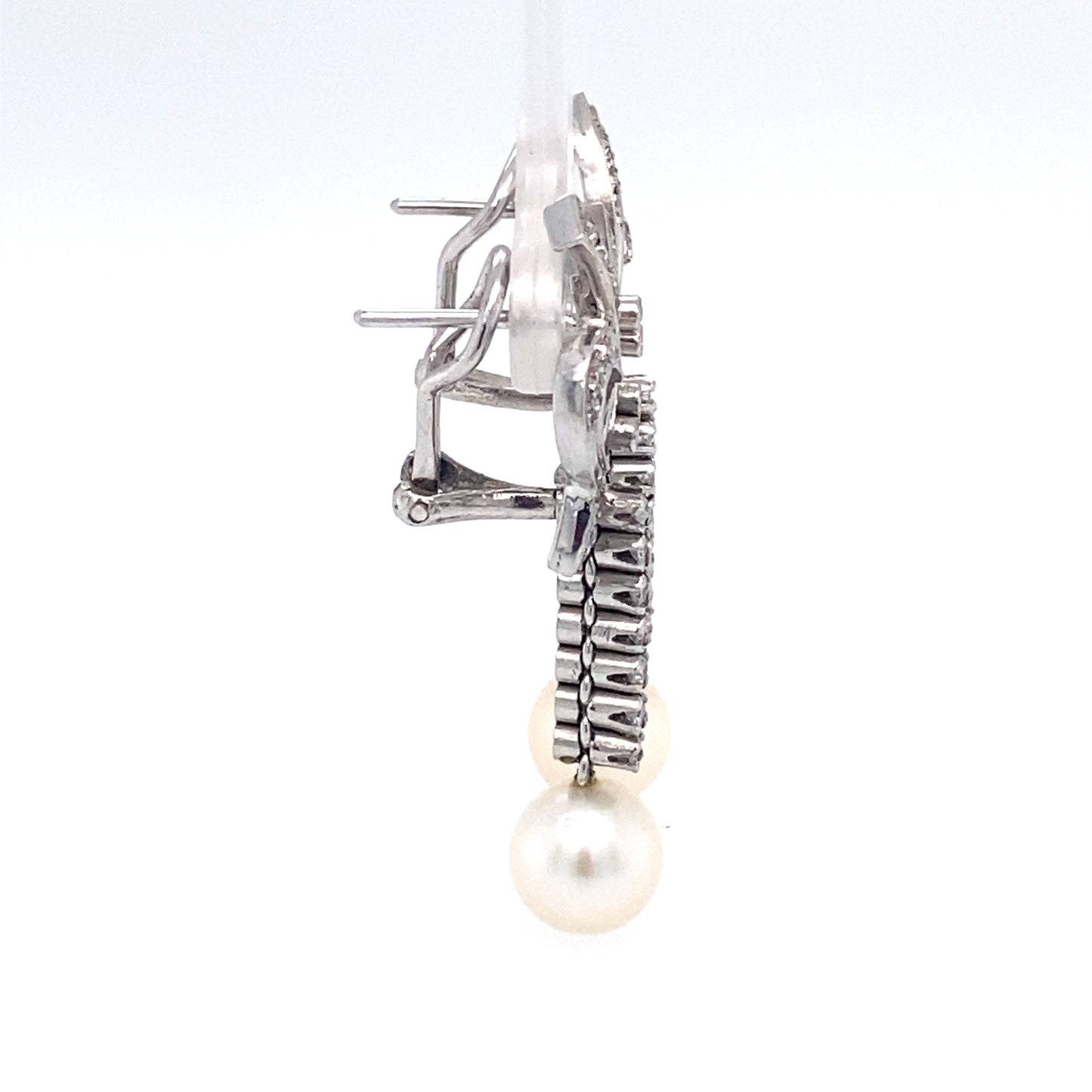 Vintage 1960s Pearl Drop Earrings with Diamonds in 14K White Gold and Platinum