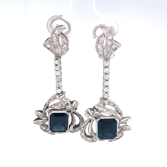 1920s 5.0ct Sapphire and 0.40ct Diamond Drop Earrings in 14K White Gold