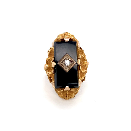 Circa 1920 Art Deco Onyx and Diamond Floral Ring in 14K Gold