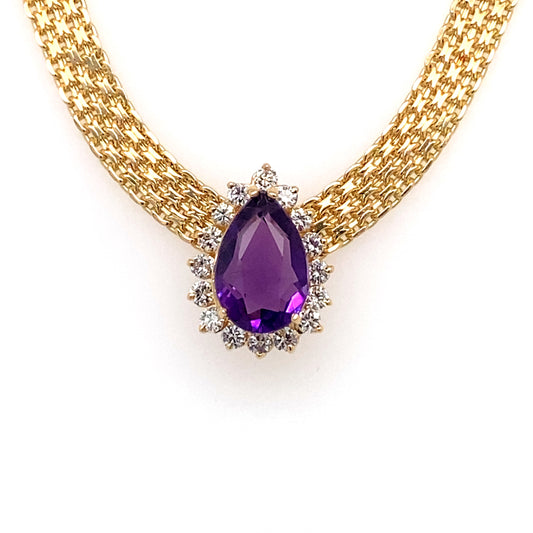 Circa 1950 4.0Ct Amethyst and Diamond Halo Necklace in 14 Karat Gold