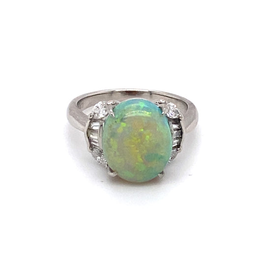 Circa 1950 4.41ct Opal and Diamond Ring in Platinum