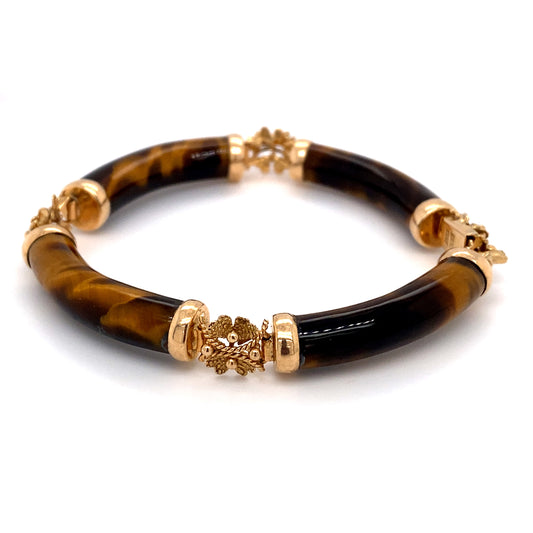 Circa 1950 Tiger Eye Curved Link Bracelet in 14K Gold