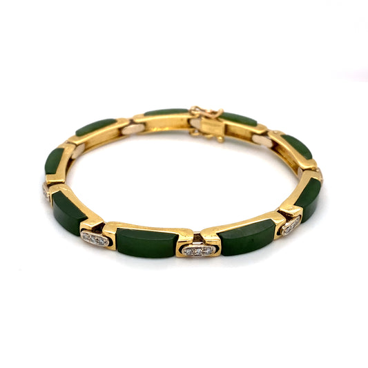 Circa 1970 Retro Jade and Diamond Link Bracelet in 18K Gold