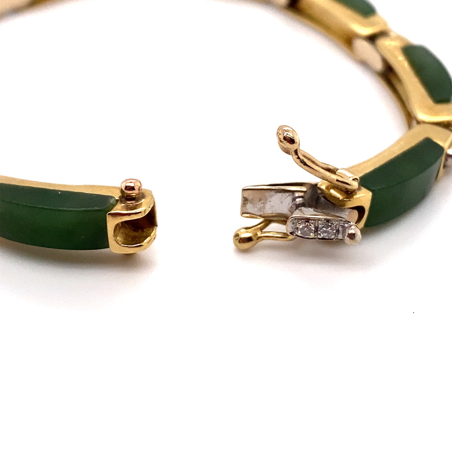 Circa 1970 Retro Jade and Diamond Link Bracelet in 18K Gold