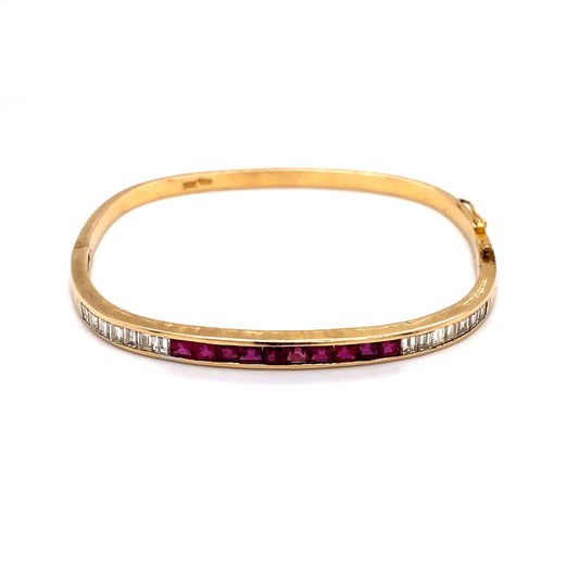 Circa 1950 Square Cut Ruby and Diamond Hinged Bangle Bracelet