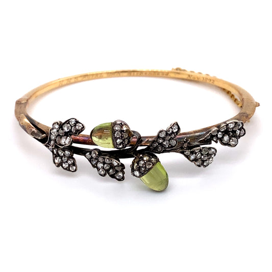 Circa 1892 Victorian "HMS Royal Oak" Bangle Bracelet with Peridot and Diamonds in 18K Gold, GIA Certified