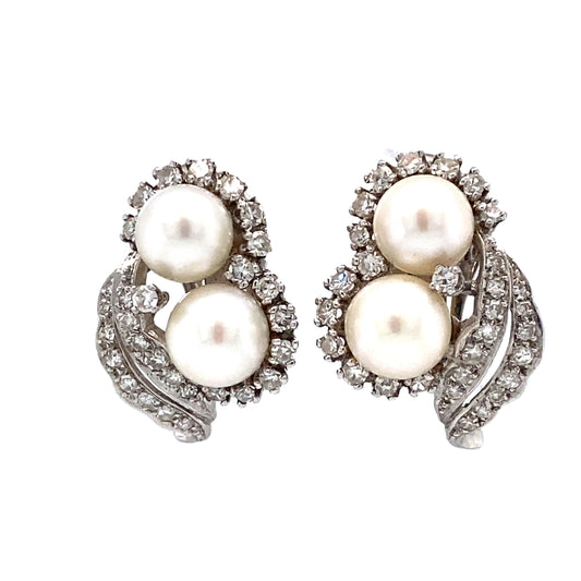Circa 1920 1.0ct Diamond and Pearl Earrings in 14K White Gold