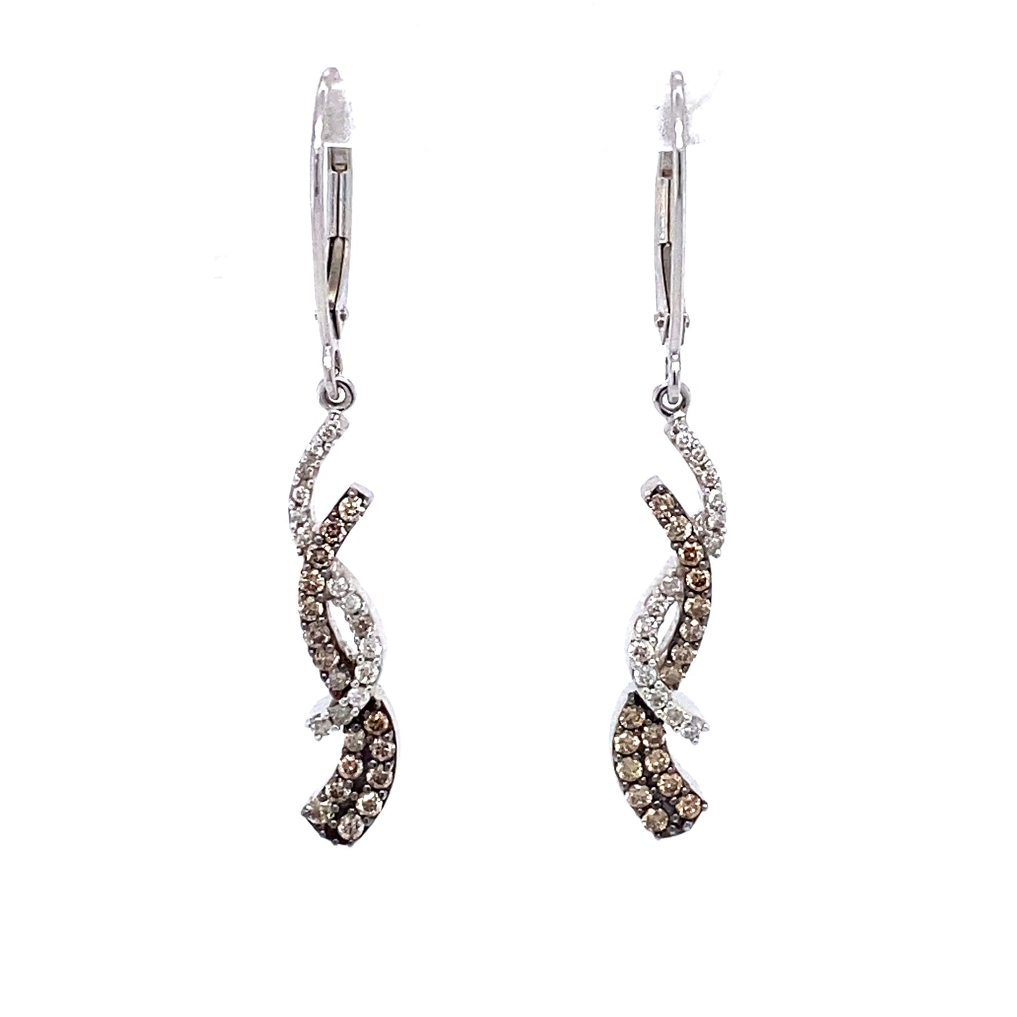 Circa 1980 Brown and White Diamond Twist Chandelier Earrings in 14K White Gold