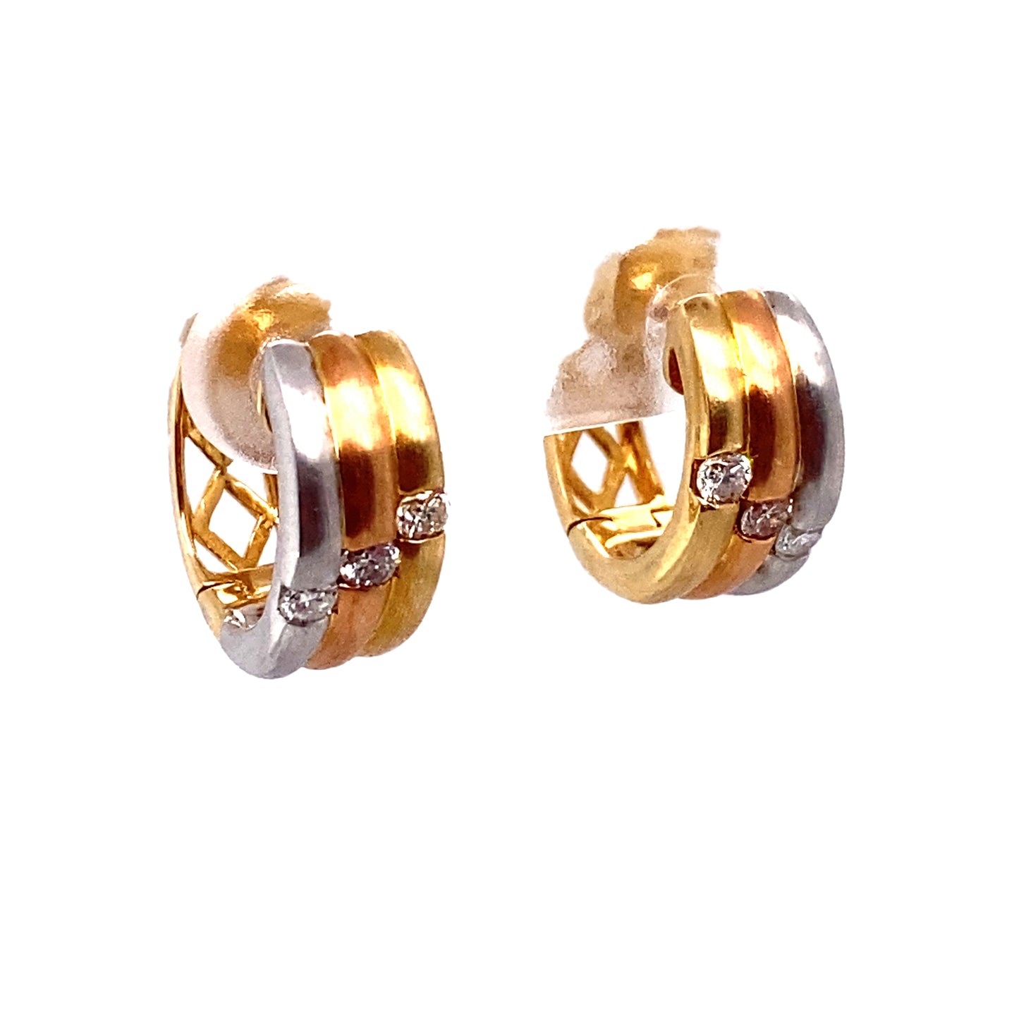 Circa 1980 Diamond Huggie Hoop Earrings in 14K Tricolor Gold