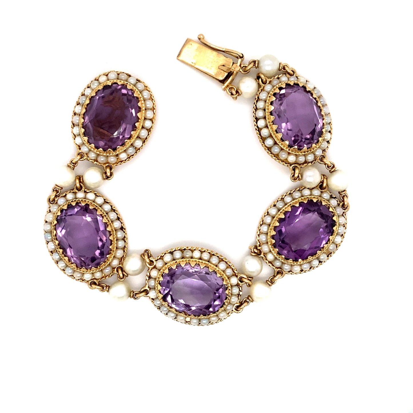 Circa 1950 Retro Amethyst and Pearl Halo Link Bracelet in 14K Gold