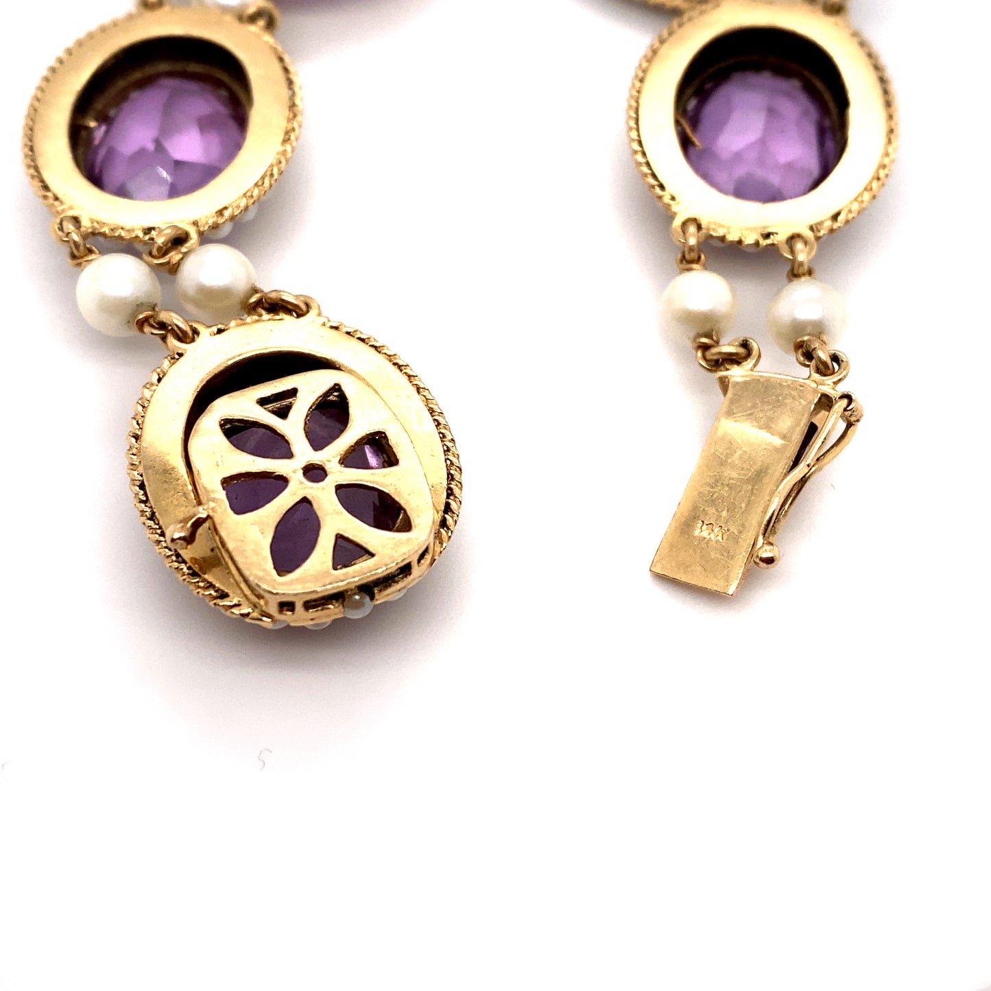 Circa 1950 Retro Amethyst and Pearl Halo Link Bracelet in 14K Gold