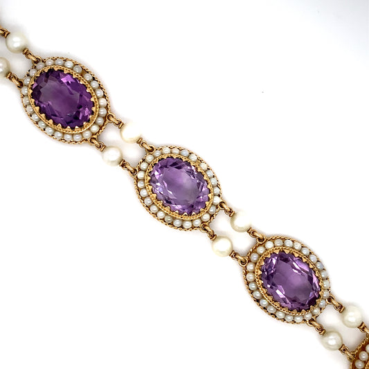 Circa 1950 Retro Amethyst and Pearl Halo Link Bracelet in 14K Gold