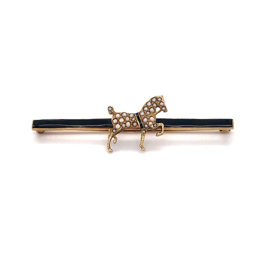 Circa 1890 Seed Pearl Equestrian Bar Brooch in 12 Karat Gold