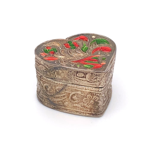 Circa 1960 Indian Enamel Heart-Shaped Trinket Box in Sterling Silver
