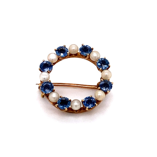 Circa 1890 Montana Sapphire and Pearl Circle Pin in 14 Karat Gold