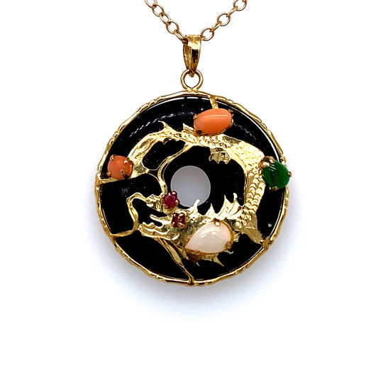Circa 1980 Dragon Disc Pendant with Coral, Ruby, Opal and Jade in 14 Karat Gold
