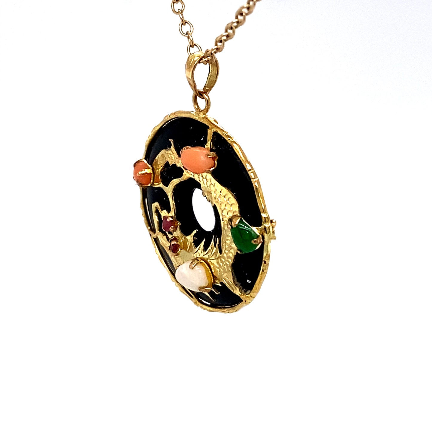 Circa 1980 Dragon Disc Pendant with Coral, Ruby, Opal and Jade in 14 Karat Gold