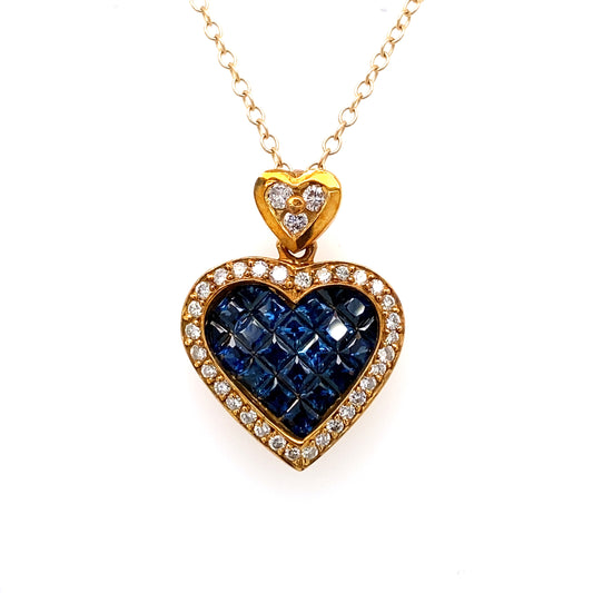 Circa 1980 Custom Invisible Set Sapphire and Diamond Heart Pendant