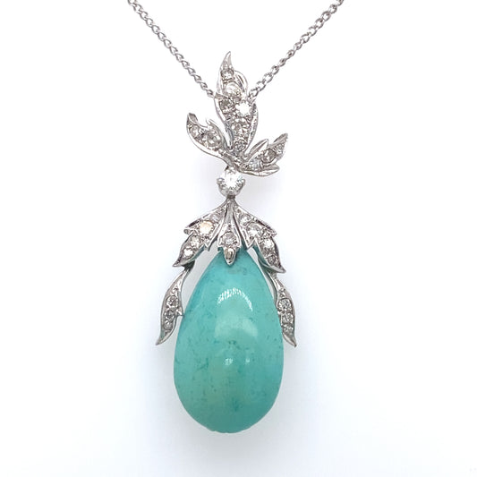 Circa 1940 Turquoise and Diamond Drop Pendant in 18 Karat White Gold