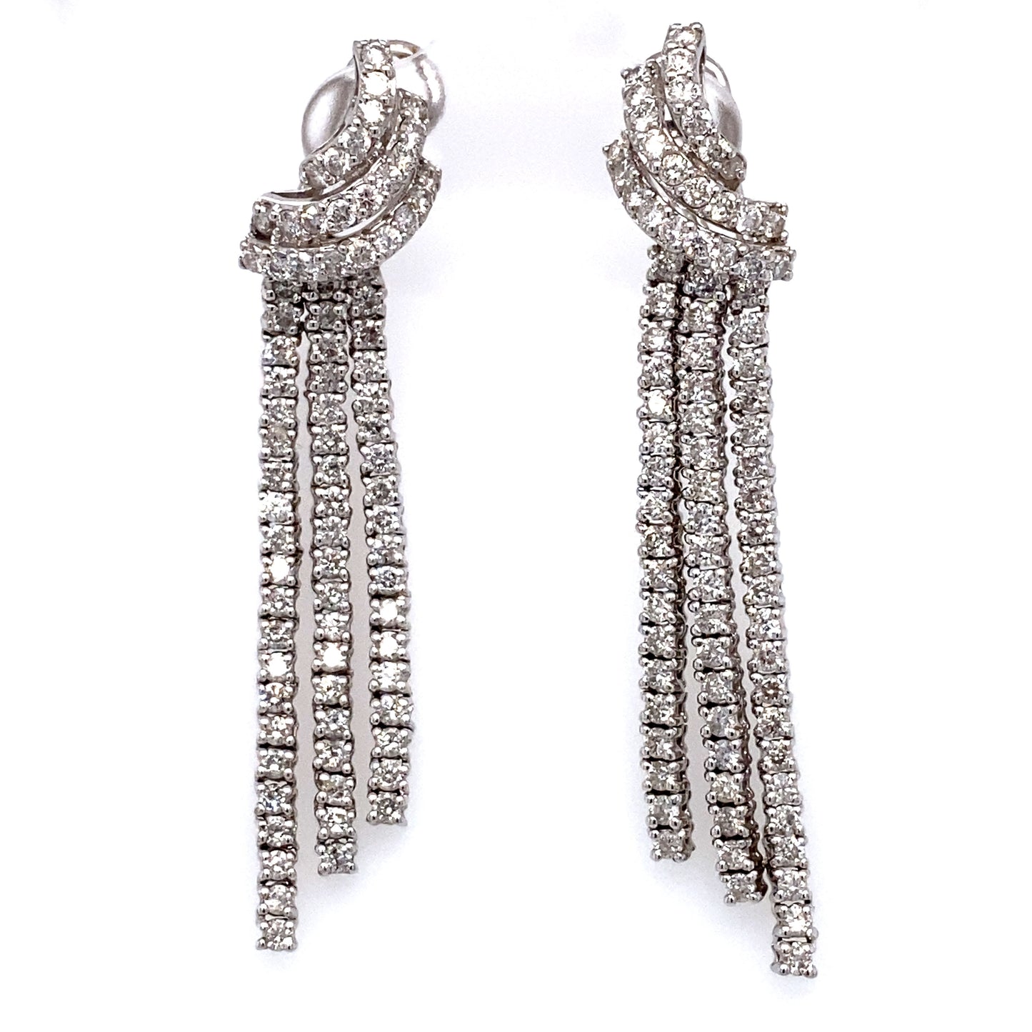 Circa 1980 Italian Three Row Diamond Dangle Earrings in 18 Karat White Gold