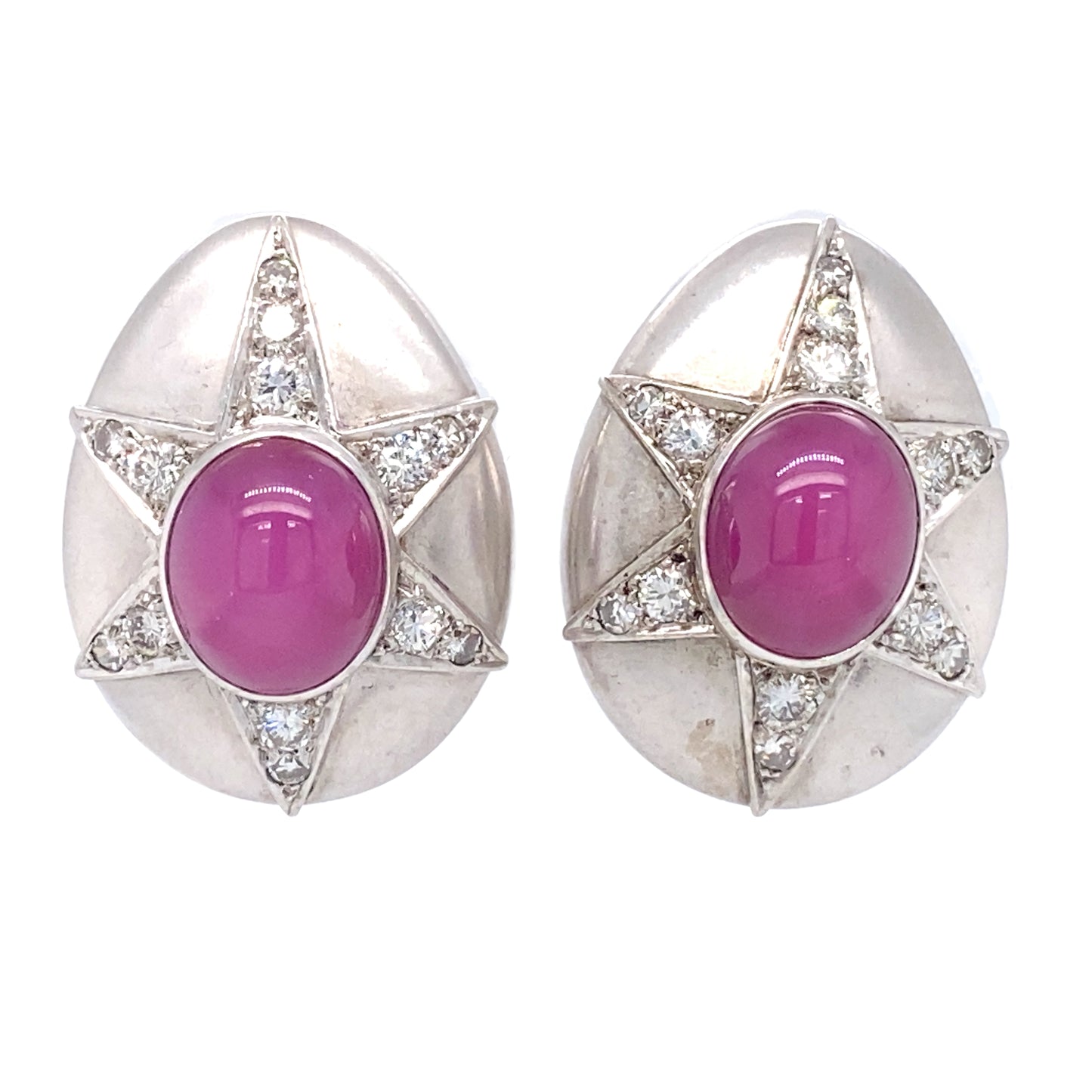 Circa 1950 Star Ruby and Diamond Clip-on Earrings in 14K White Gold and Platinum