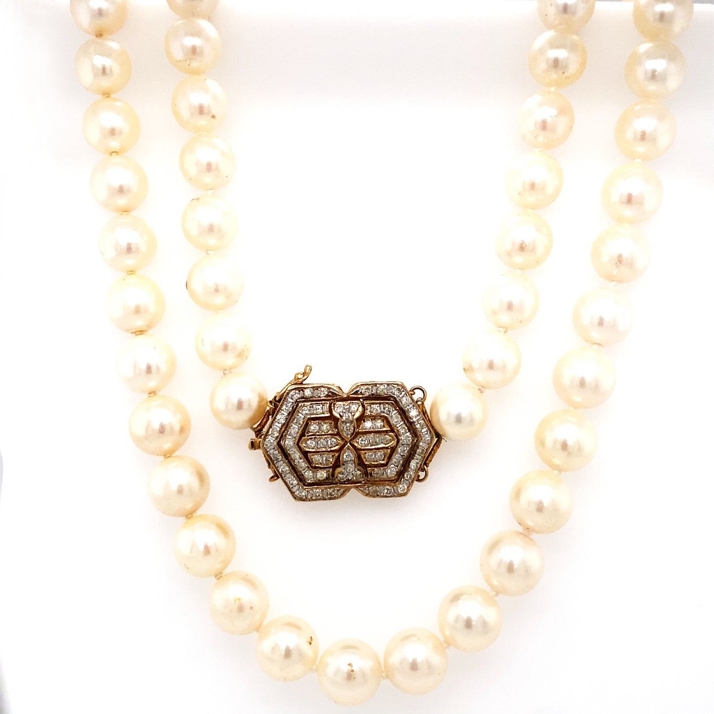 Circa 1950 36" 8.5mm Pearl Necklace with Diamond Clasp in 14K Gold