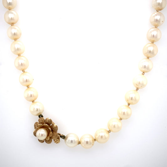Circa 1980 15" 8mm Pearl Strand with Flower Clasp in 14K Gold