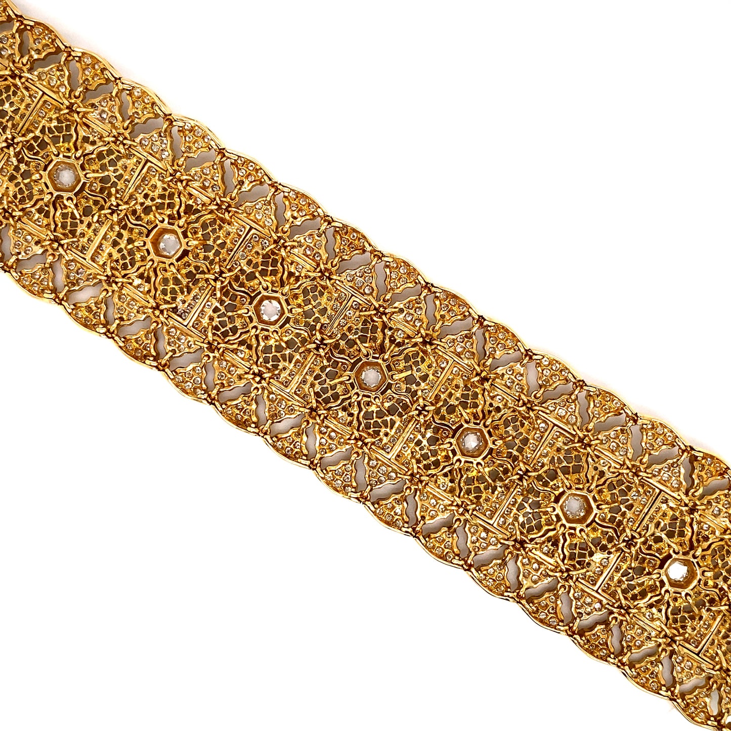 Circa 1980 10.72 Carat Diamond Wide Flexible Cuff Bracelet in 18 Karat Gold