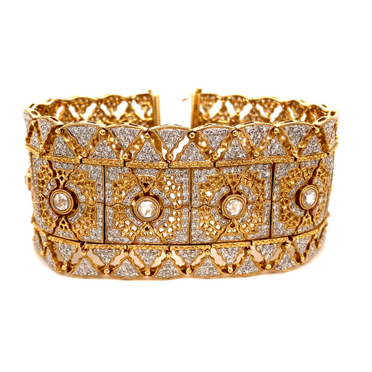 Circa 1980 10.72 Carat Diamond Wide Flexible Cuff Bracelet in 18 Karat Gold