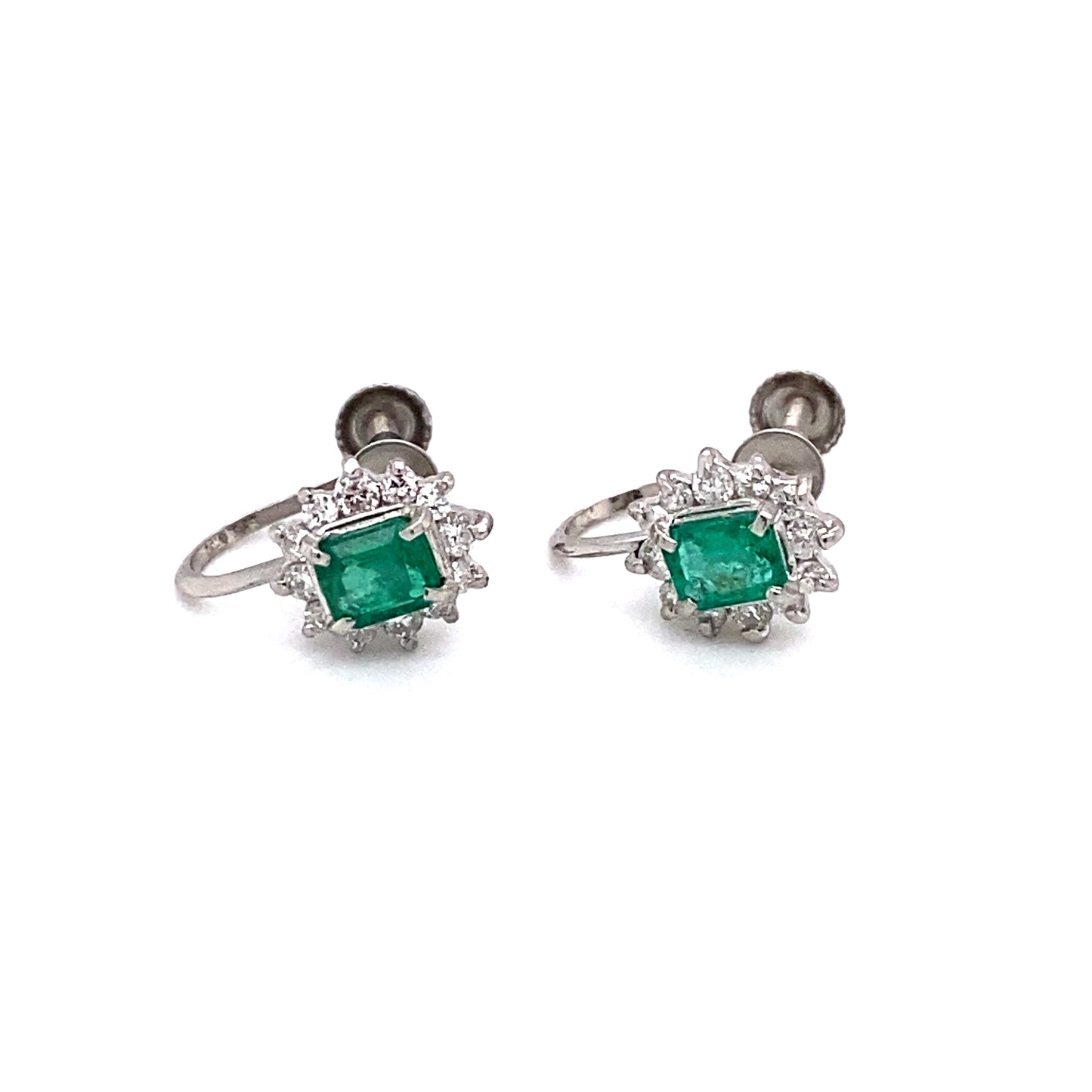 Circa 1950 Emerald and Diamond French Screw Back Earrings in Platinum