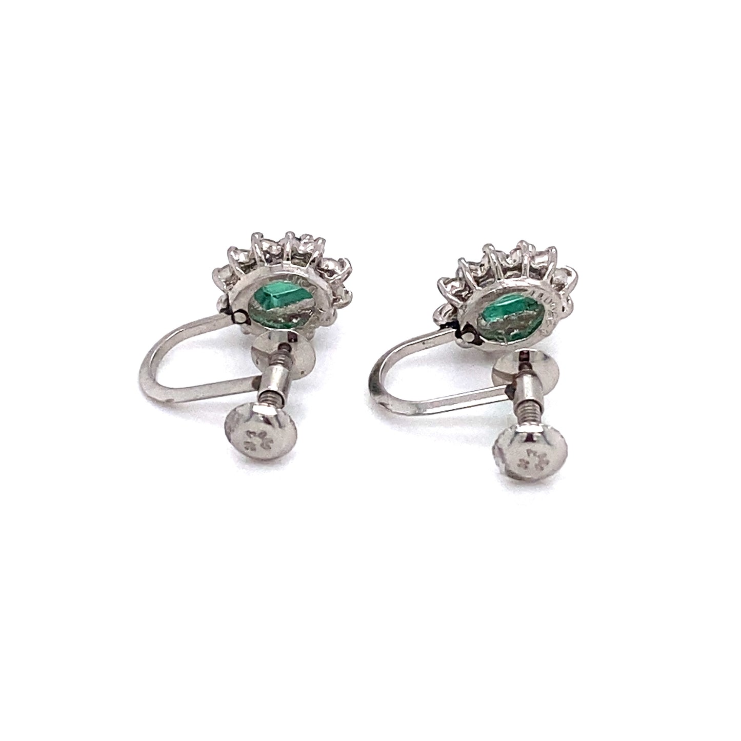 Circa 1950 Emerald and Diamond French Screw Back Earrings in Platinum