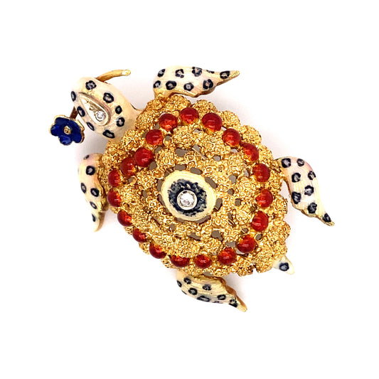 Circa 1970 Multicolored Enamel and Diamond Italian Turtle Brooch in 18K Gold