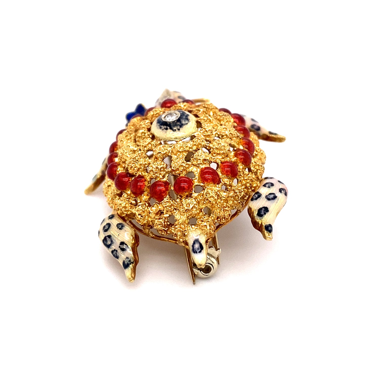 Circa 1970 Multicolored Enamel and Diamond Italian Turtle Brooch in 18K Gold